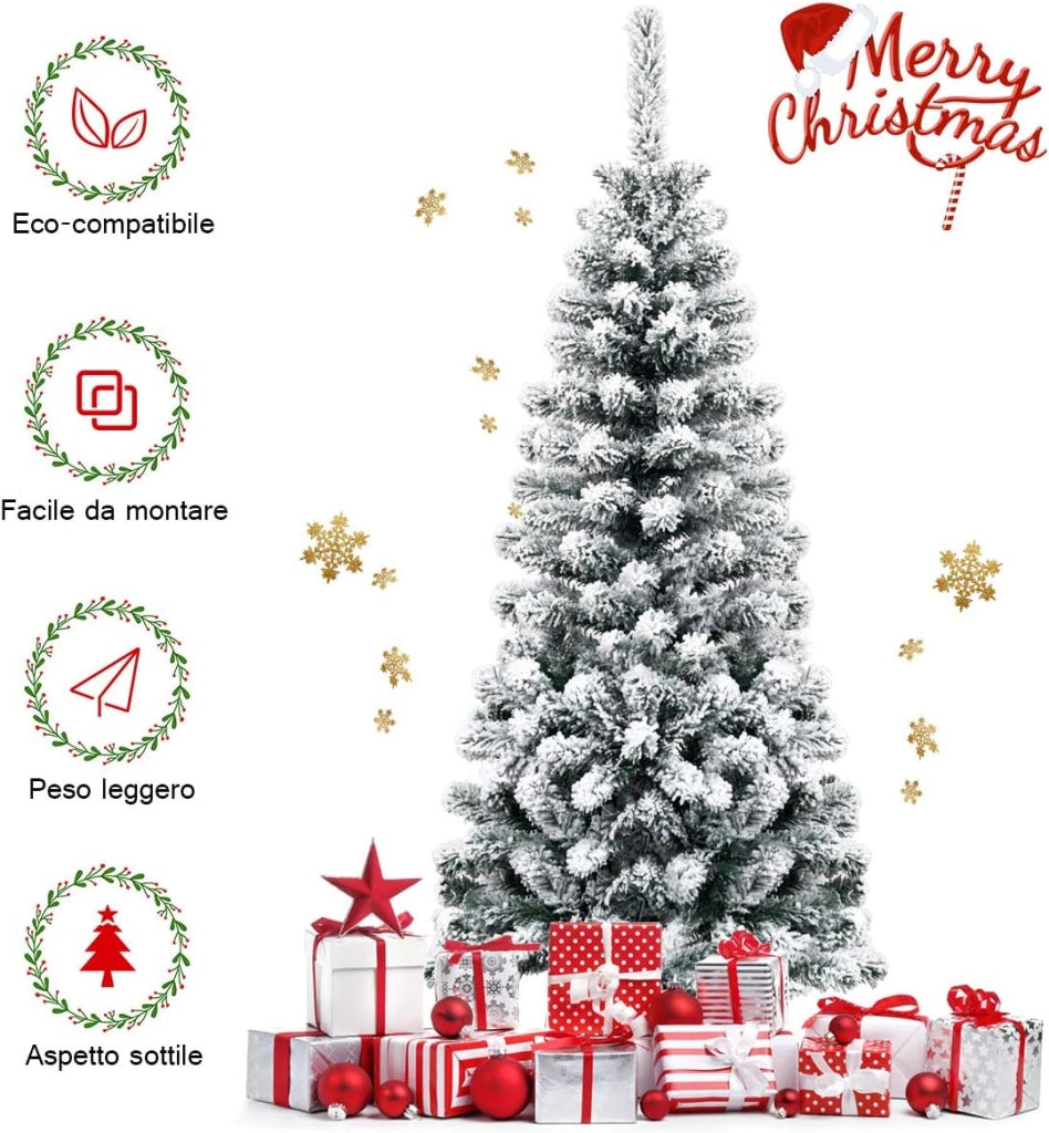 Albero di Natale Innevato 140 cm, Albero di Natale Artificiale Slim con 242 Rami Realistici e Folti e Base Pieghevole di Metallo, Apertura a Ombrello (140 cm)