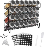 Organizzatore di Erbe con 28 Scatole in Vetro e 432 Etichette - Acciaio Inox Antiruggine Nero per Cucina e Bicchieri