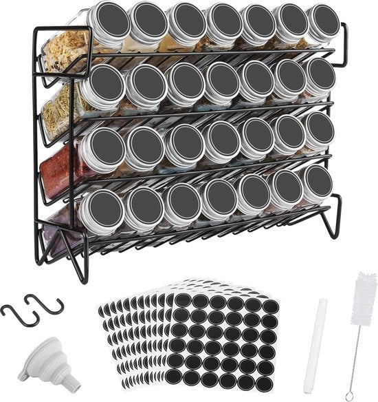 Organizzatore di Erbe con 28 Scatole in Vetro e 432 Etichette - Acciaio Inox Antiruggine Nero per Cucina e Bicchieri