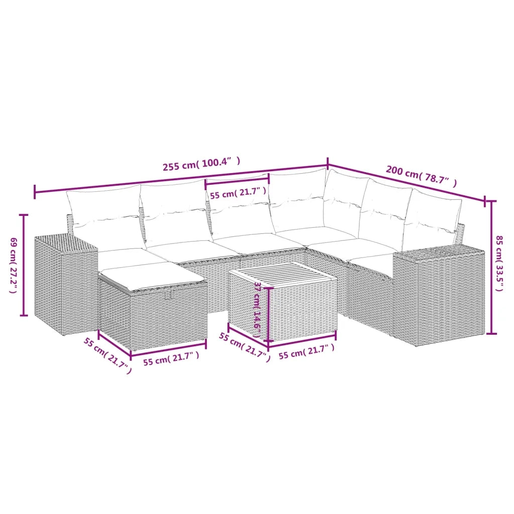 Set Divani da Giardino con Cuscini 8 pz Nero in Polyrattan 3265185