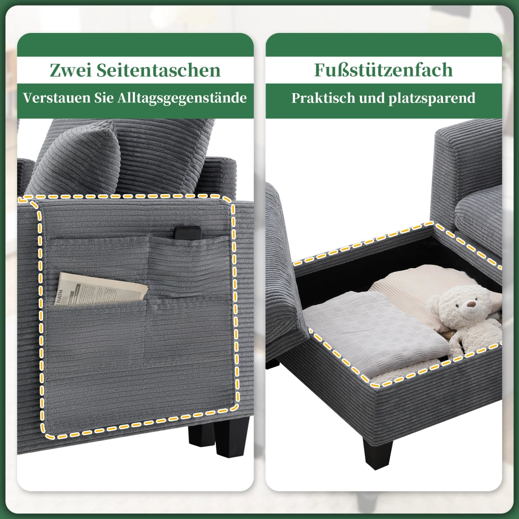 DIVANO ANGOLARE L-Forma 229x149,5x83 cm in Corduroy Grigio con pouf e 2 cuscini