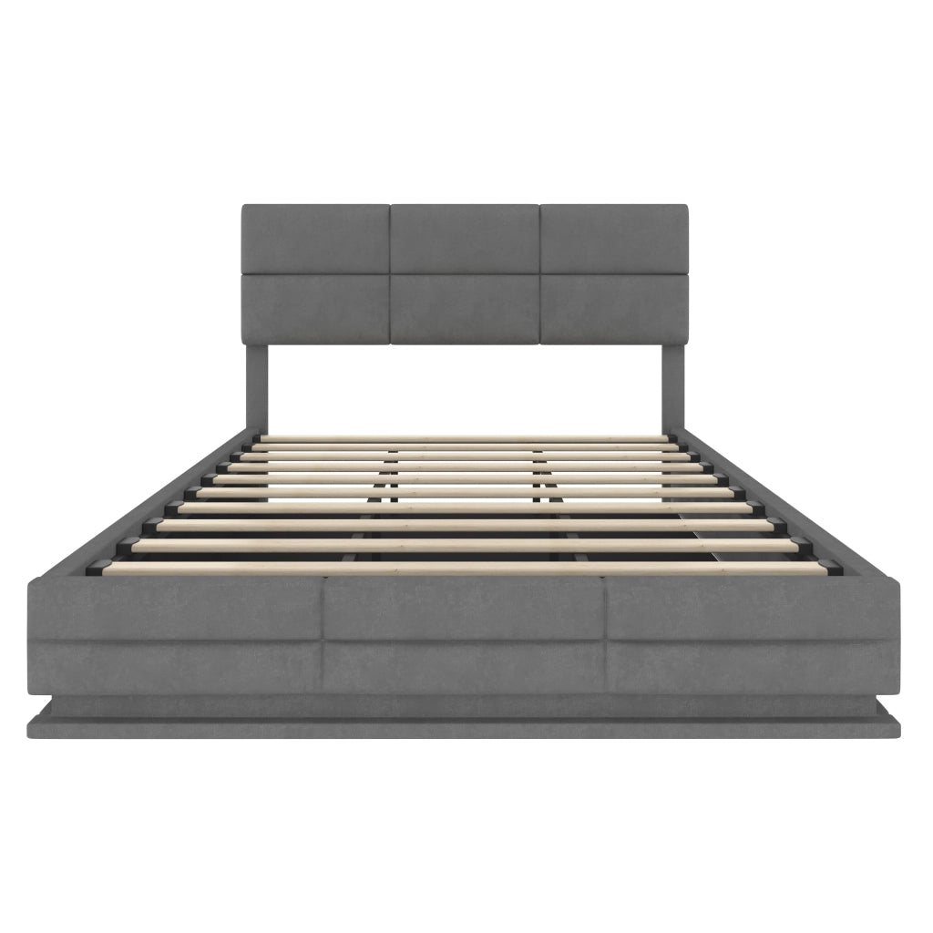 Letto imbottito moderno 180x200 cm in velluto grigio scuro con testiera regolabile, LED dimmerabile, porte USB e vano contenitore