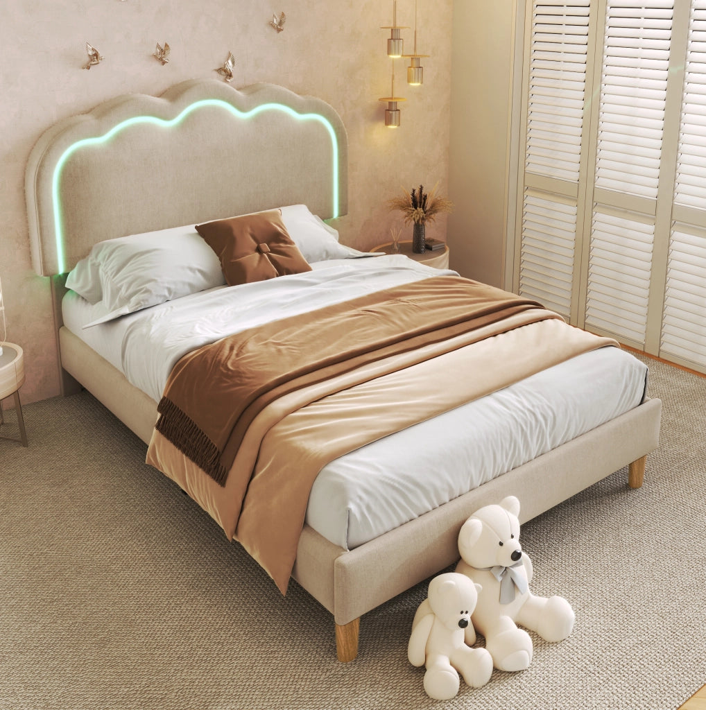 Letto imbottito singolo 90x200 cm con testiera LED regolabile; in lino beige