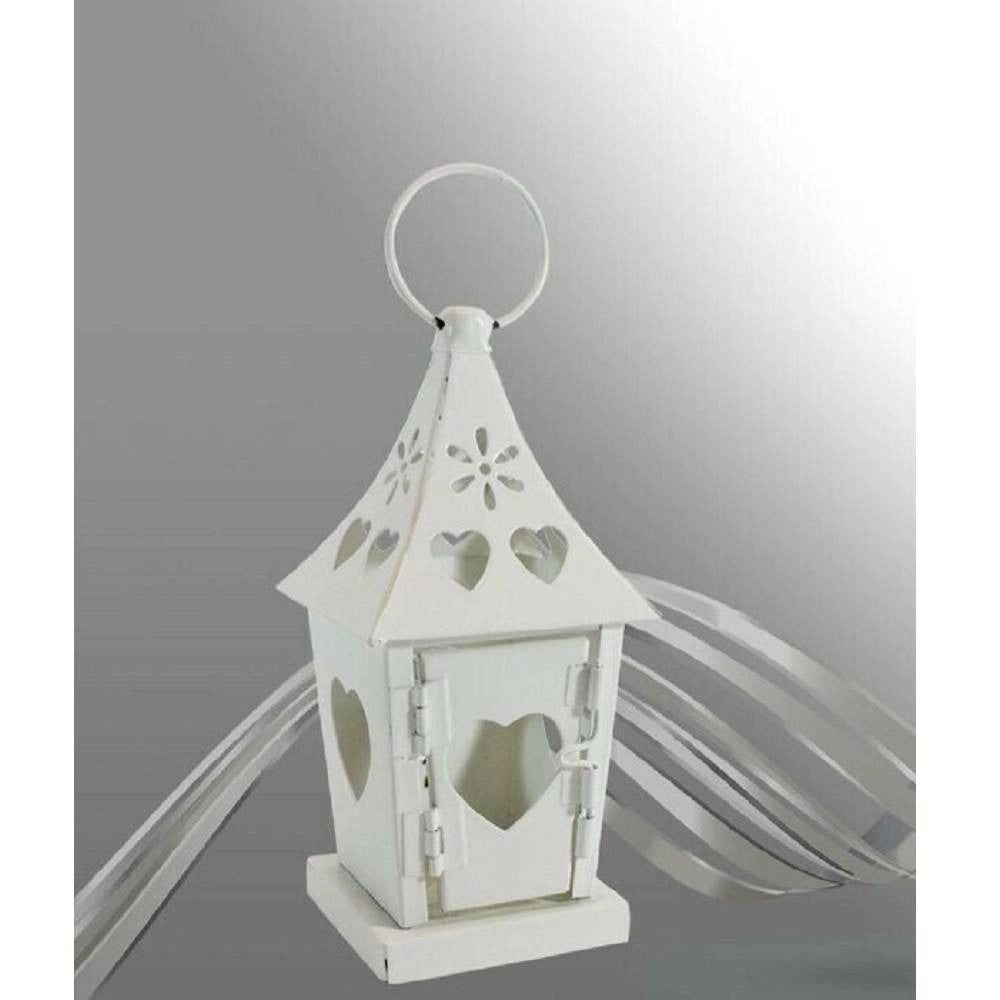 Trade Shop - Porta Candela Lumino Lanterna Bianca In Metallo Bomboniera Matrimonio 90539 -