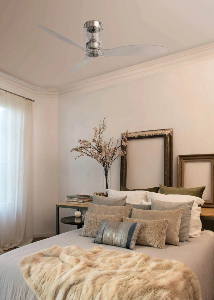 FARO Ventilatore da soffitto senza luce Ø128 cm in acciaio e policarbonato 3 pale trasparenti motore DC 6 velocita con telecomando funzione estate-inverno bianco brillante-trasparente FARO-32038