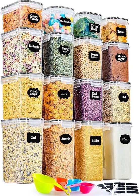 Set di contenitori in plastica a chiusura ermetica, 16 pezzi, organizzatore per la cucina, adatti per conservare cereali, caffè, ecc., formati: 2 l, 1,4 l, 0,8 l