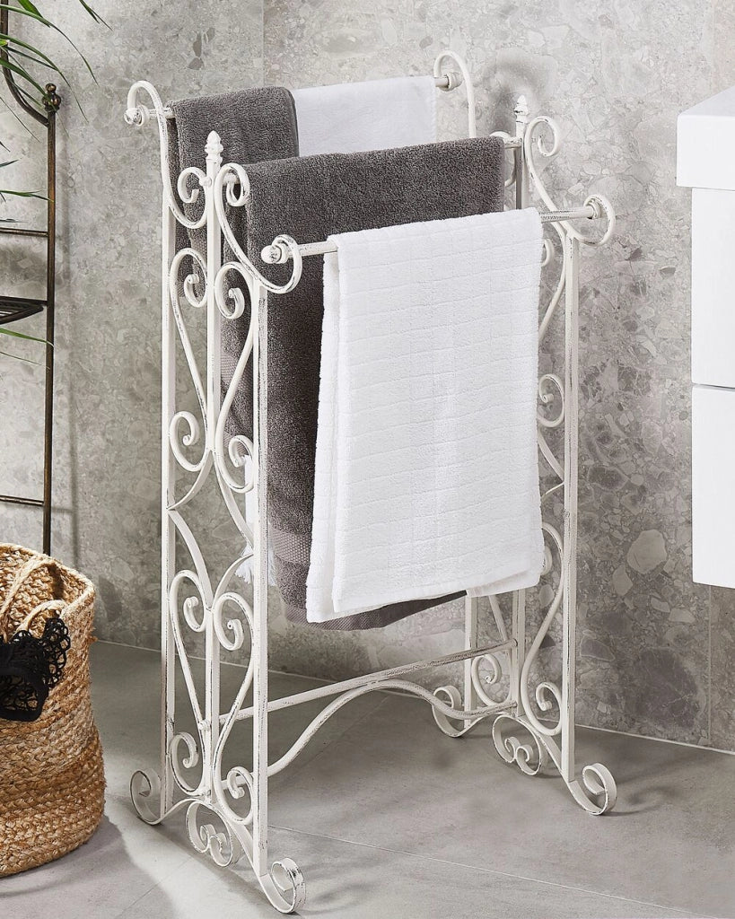 Portasciugamani bianco volutamente invecchiato con aspetto antico Rack indipendente Bagno Vintage Classico