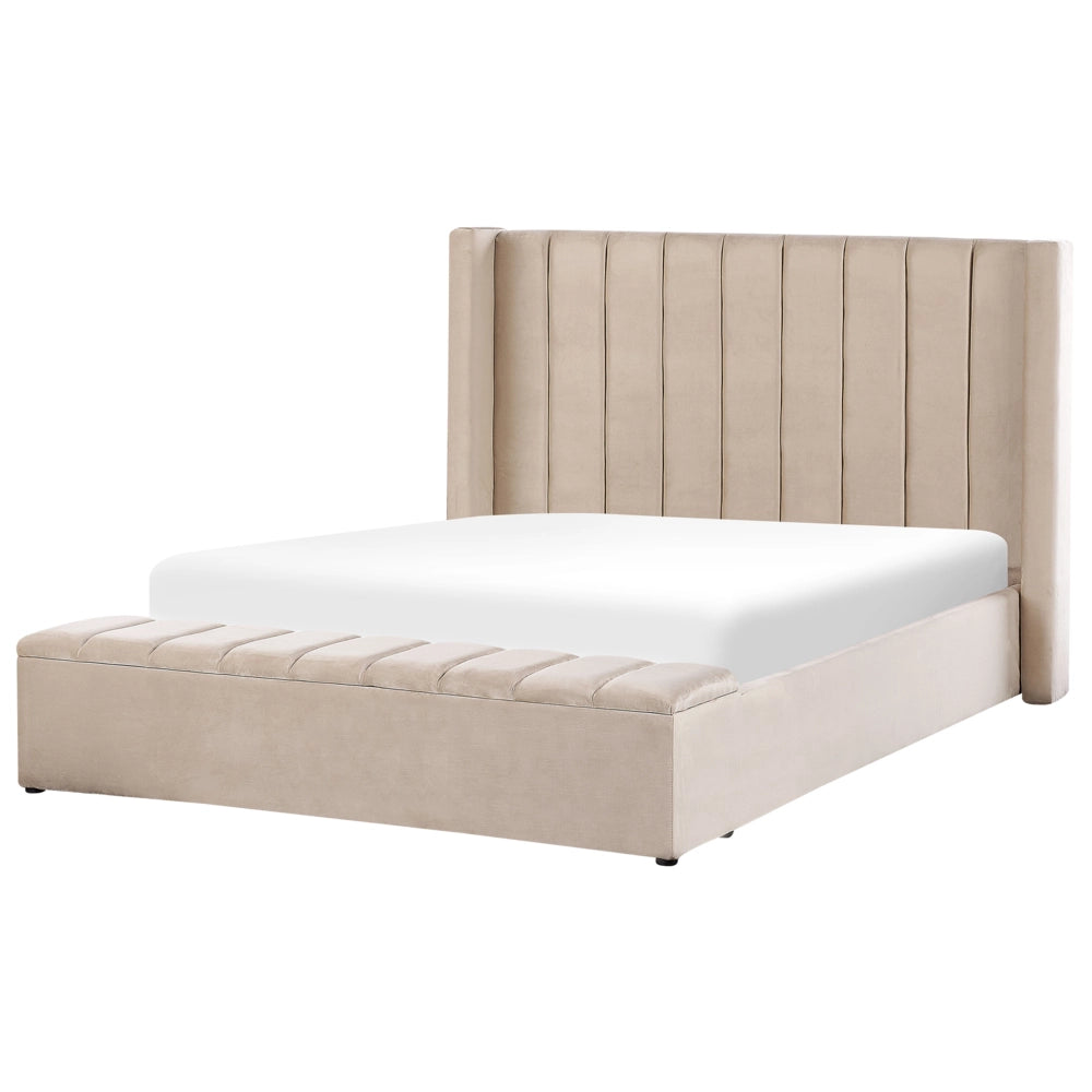 Letto matrimoniale ad acqua in velluto beige con cassapanca 160 x 200 cm moderno glam morbido materasso camera da letto