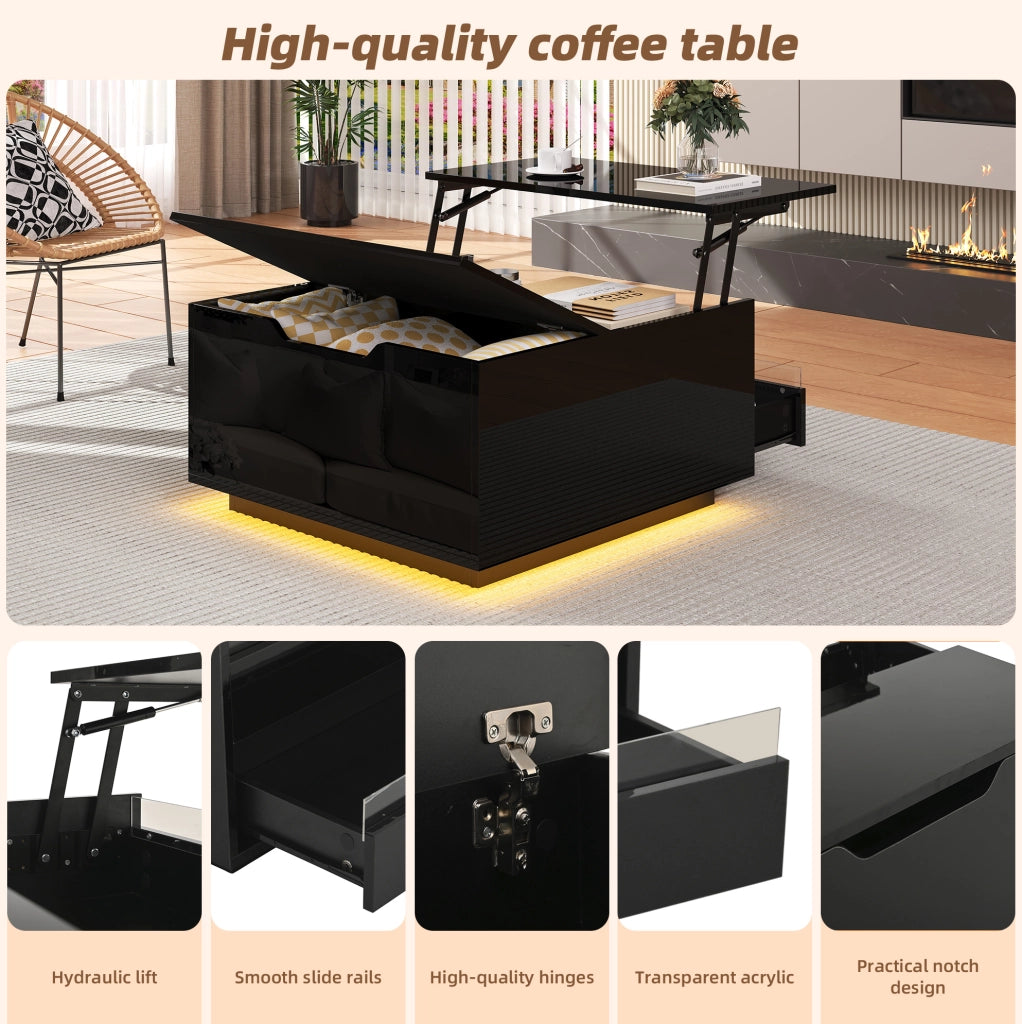 Tavolino da salotto quadrato 70 x 70 x 38 cm con piano ribaltabile; LED; nero lucido