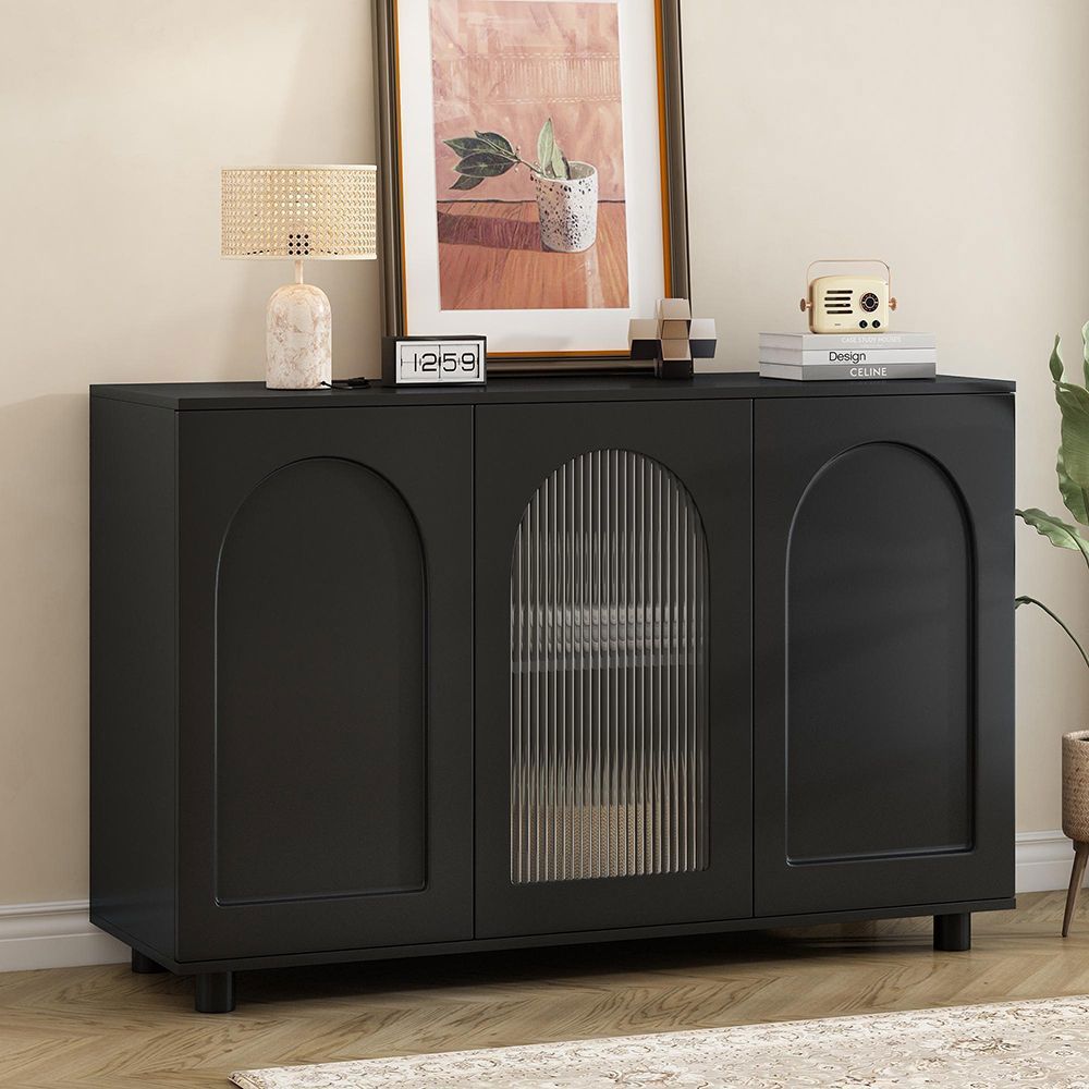 Buffet a forma di U - Xylo - Nero, porta in vetro, design rimbalzante