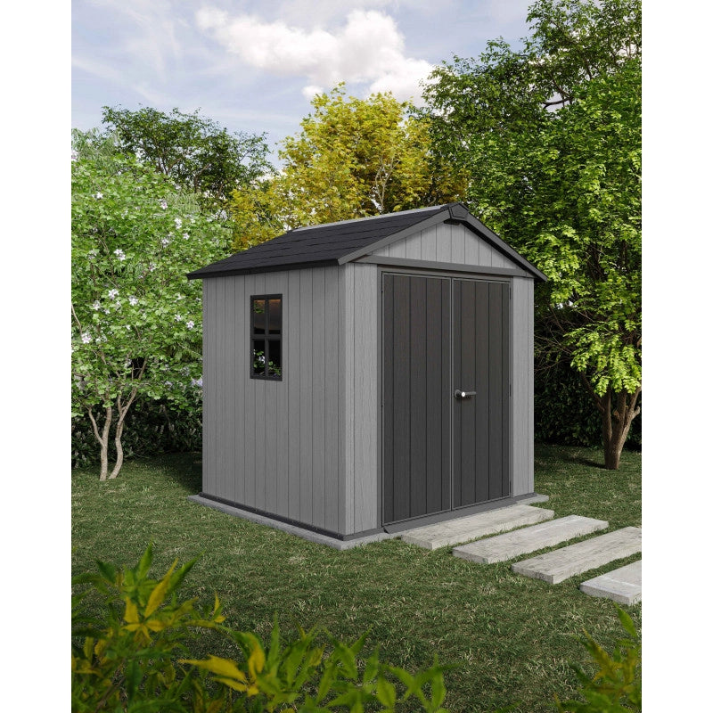 Casetta da giardino in resina EVOTECH+ 223x230 cm - con pavimento e doppia porta - carico neve 150 kg/m² – Newton Plus 757/775 - Grigio - Keter