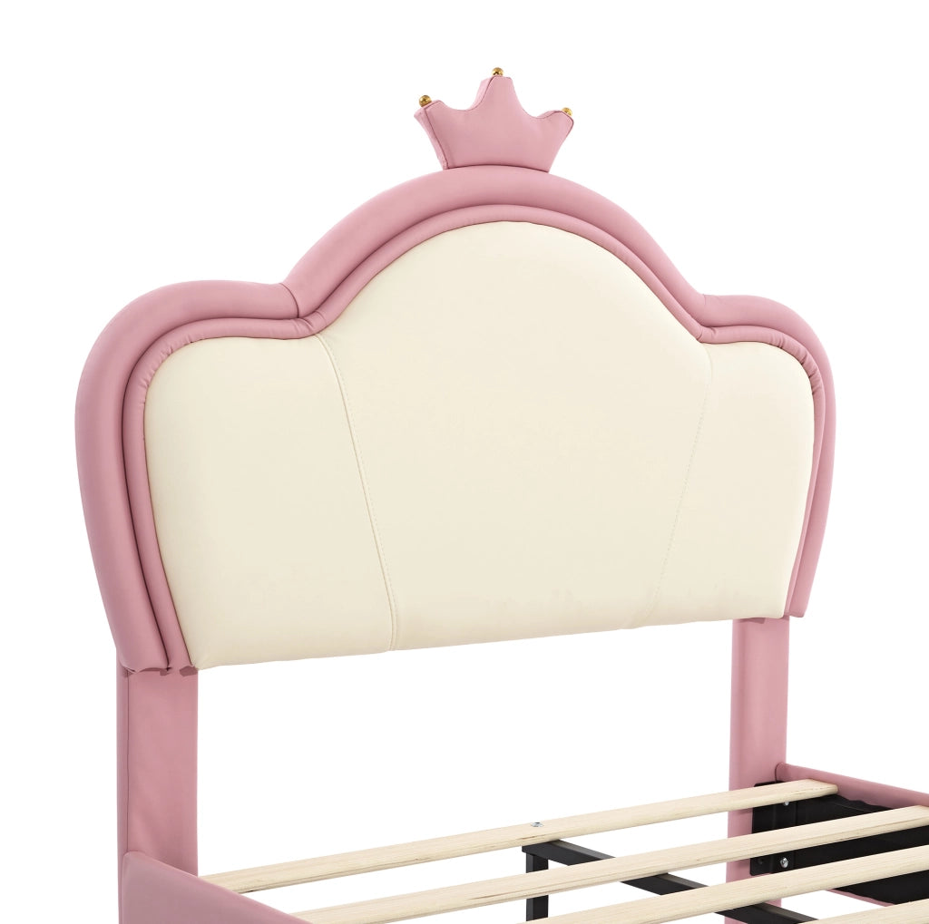 Letto per bambini imbottito 90x200 cm con testiera a corona; similpelle rosa e bianco