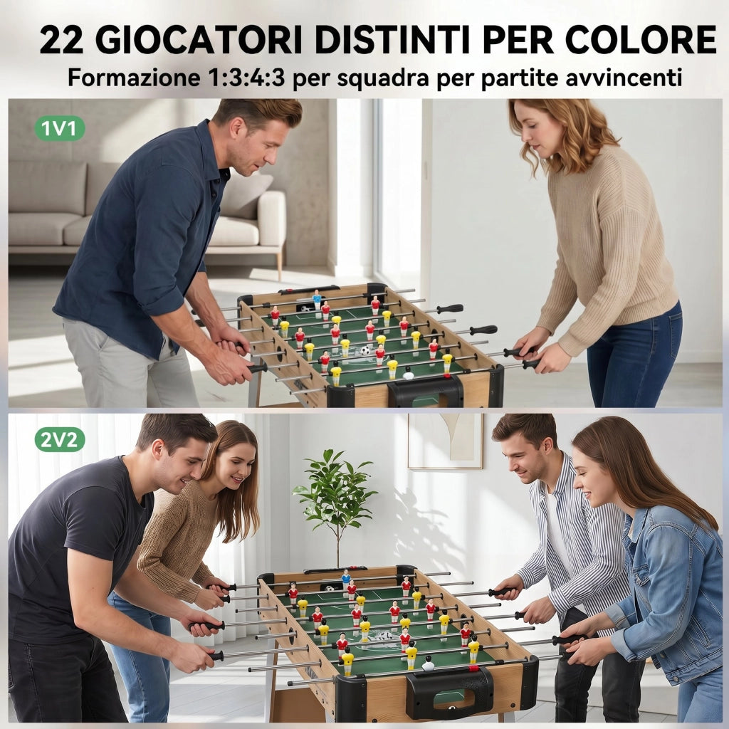 Calcio Balilla 109x77x72 cm Tavolo da Gioco cm con 22 Giocatori Palline e Segnapunti Manuale Rovere e Giallo