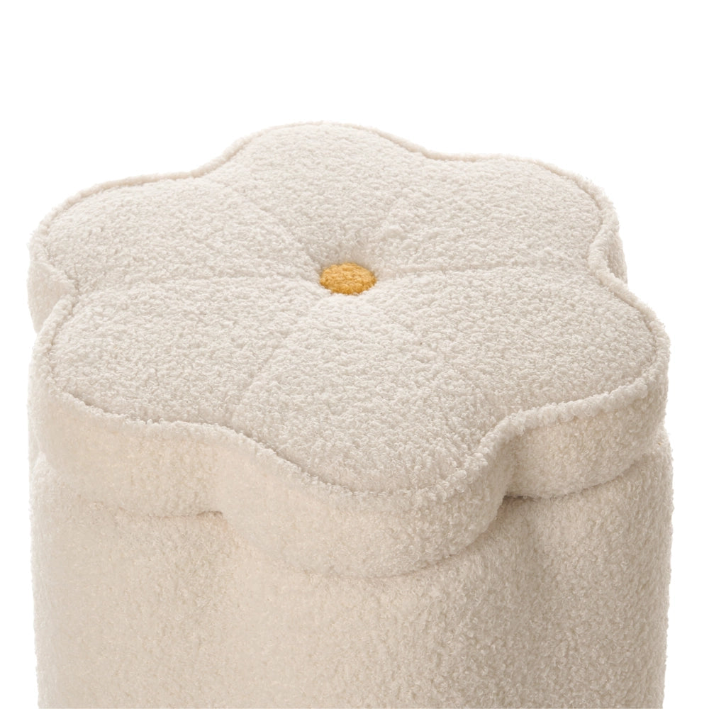 Pouf bianco sporco con rivestimento in bouclé, contenitore e motivo floreale, per soggiorno e camera da letto, stile scandinavo.