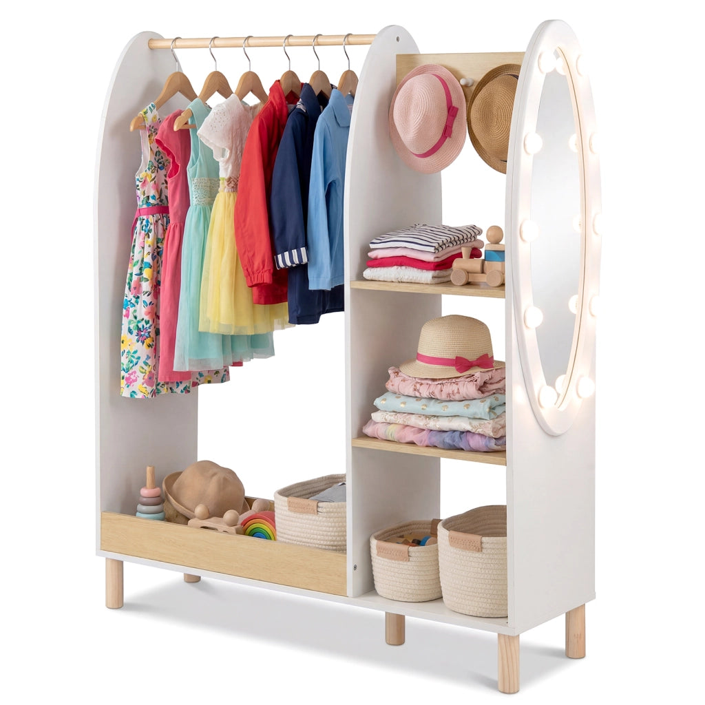 Armadio per travestimenti bambini con specchio e luci, Guardaroba aperto con ripiani e ganci per cameretta 91x28x110 cm