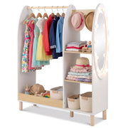 Armadio per travestimenti bambini con specchio e luci, Guardaroba aperto con ripiani e ganci per cameretta 91x28x110 cm
