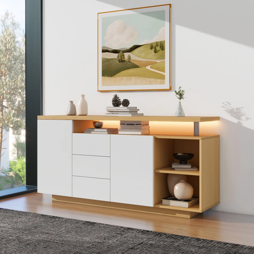OKWISH Madia con 2 Ante, 3 Cassetti e 2 Vani Aperti, LED e Ripiani Regolabili, per Soggiorno, 140 x 40 x 70 cm