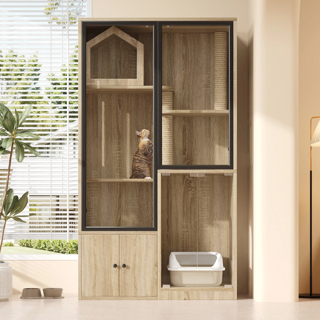 Mobile per gatti a 4 livelli in vetro e legno 90x50x160 cm
