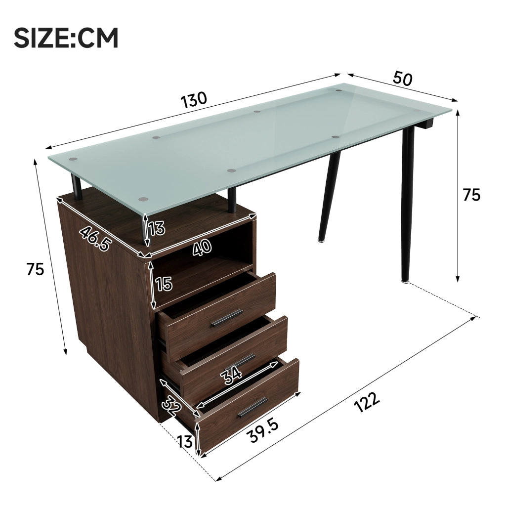 Scrivania moderna 130x50x75 cm con piano in vetro temperato, 3 cassetti e vano aperto, marrone