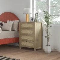 Cassettiera 4 cassetti in stile boho con ante in resina intrecciata, 70x38x93 cm, Legno Naturale