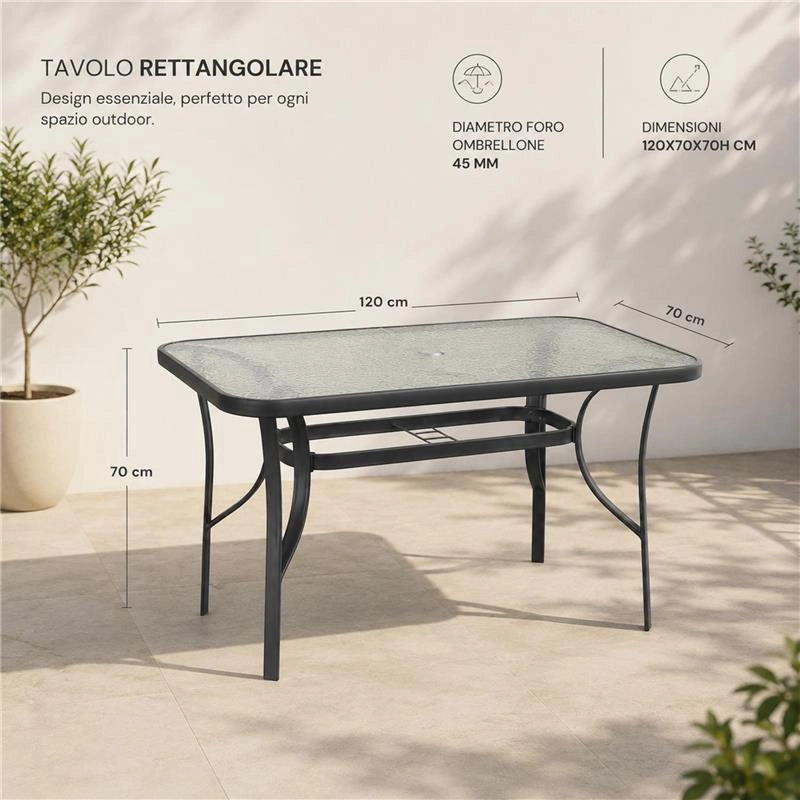 TAVOLO RETTANGOLARE DA GIARDINO CON FORO OMBRELLONE E PIANO IN VETRO - DIMENSIONI  120X70 CM