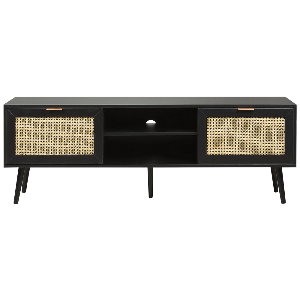 Porta TV in legno di manifattura nero con frontali in rattan e intreccio di vimini Gambe in legno di gomma nero 2 armadietti scaffali aperti Credenza in stile boho Soggiorno