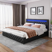 Letto imbottito 140x200 cm con contenitore e LED; in PU nero