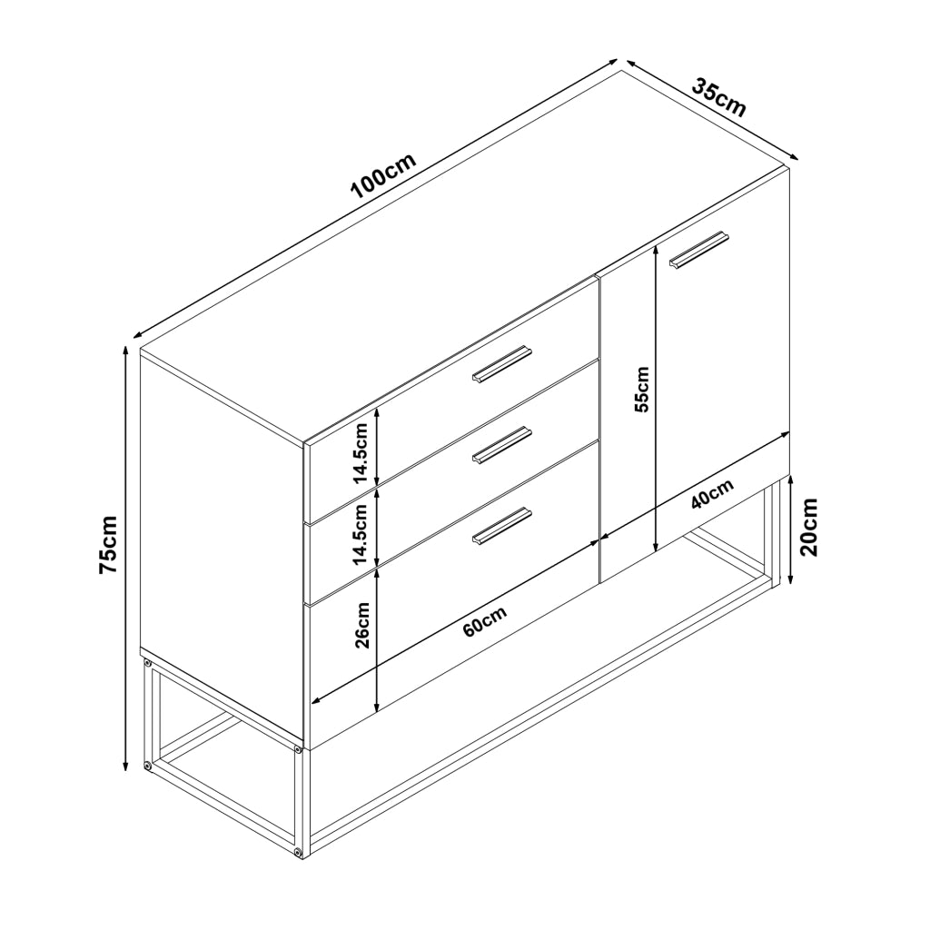 Comò Lavangen con Anta e 3 Cassetti 75 x 100 x 35 cm Nero / Grigio Chiaro [en.casa]
