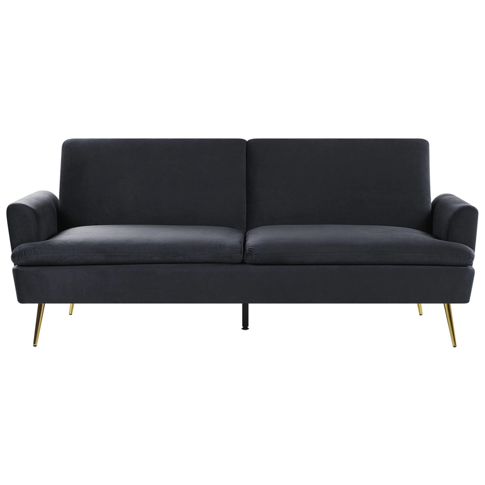 Divano Letto in Velluto Nero 3 Posti Click Clack Gambe In Metallo Dorato