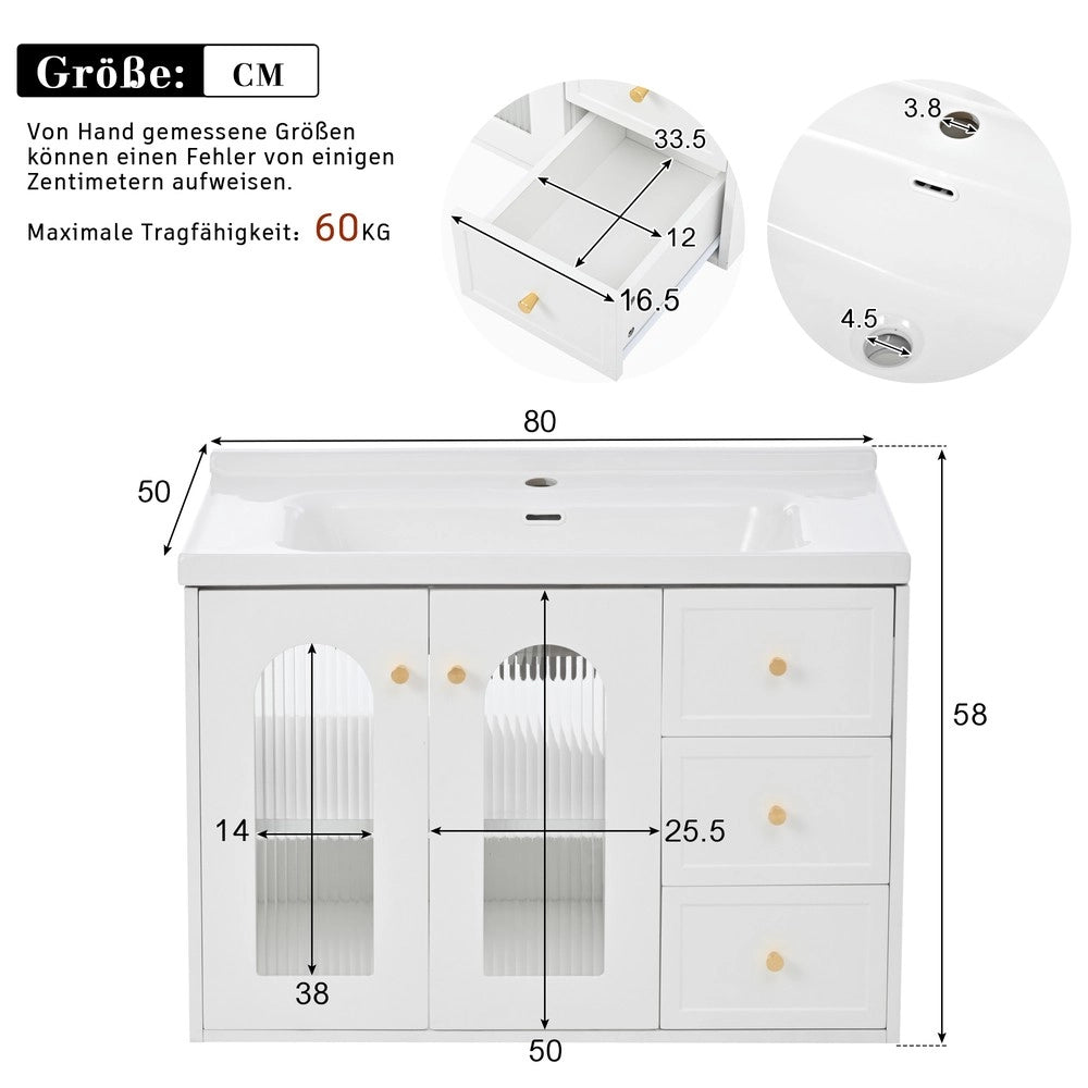 Mobile Bagno Sospeso con Lavabo in Ceramica ¨C Xylo ¨C Bianco, 2 Cassetti, Anta con Ripiani, 80 cm