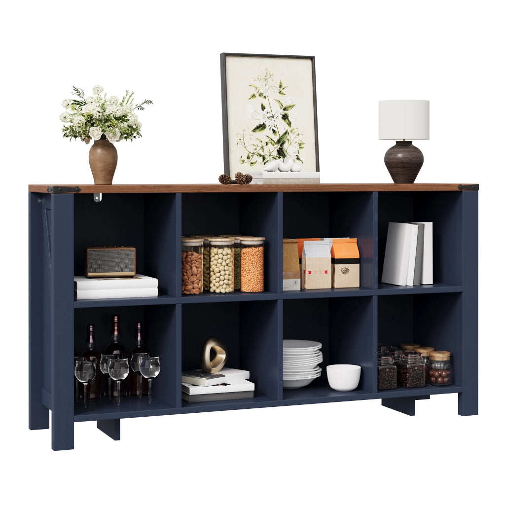 Libreria con 8 vani aperti; per soggiorno e cucina; in MDF blu; 140×34×75 cm