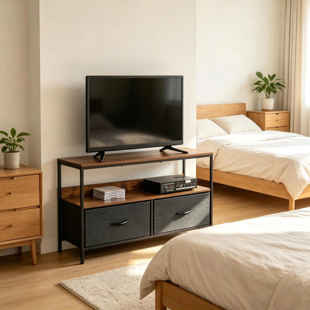 Mobile porta TV industriale con 2 cassetti pieghevoli e ripiano aperto per soggiorno e camera da letto 98 × 29 × 56 cm