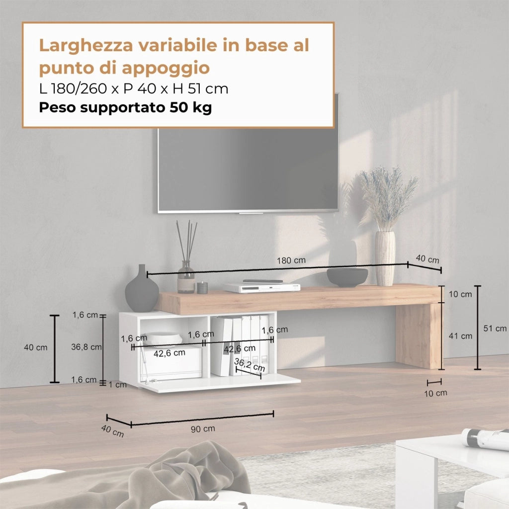 WHOUS Mobile porta tv Chronos estensibile con 1 anta a ribalta bianco/rovere 180/260x40x51 cm
