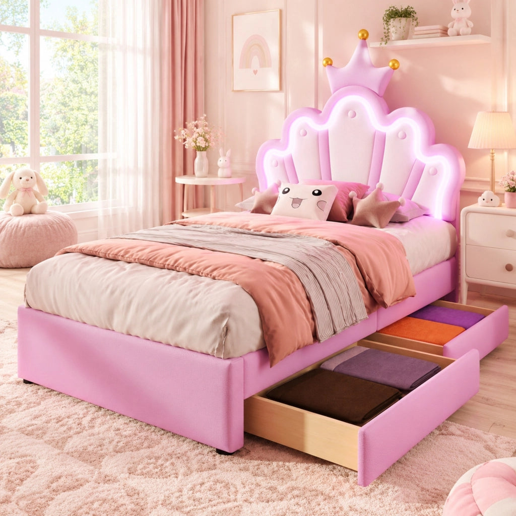Letto imbottito per bambini 90x200 cm rosa con 2 cassetti, testiera regolabile e LED telecomandato