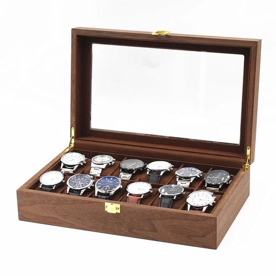 Display cassa per orologi di lusso per 12 pezzi | Noce | Conservazione e protezione degli orologi, interno in microfibra, crema, legno