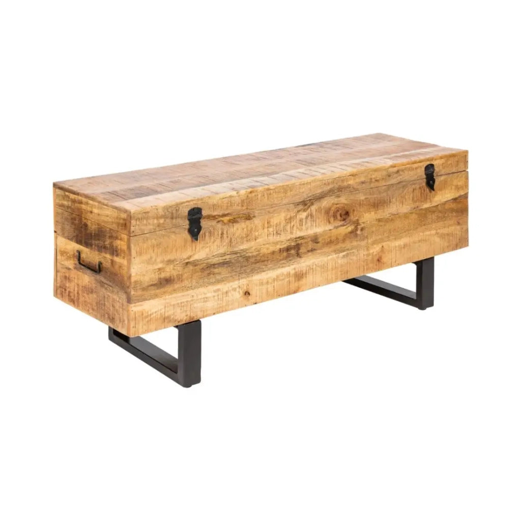 Tavolino basso o panca contenitore MERAX 115 cm in legno massiccio di mango e metallo stile industriale