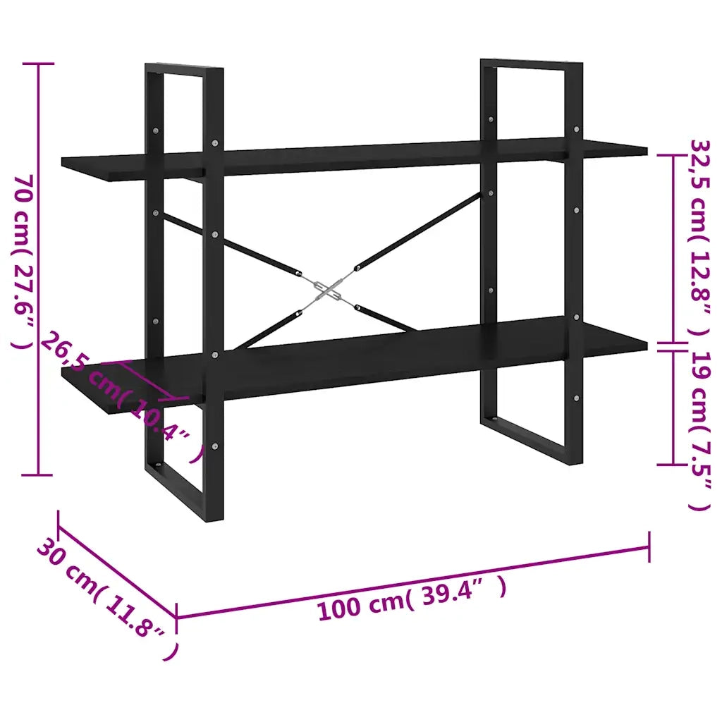 Libreria a 2 Ripiani-Scaffale per Libri-Mobile di Stoccaggio Nera 100x30x70 cm in Massello di Pino