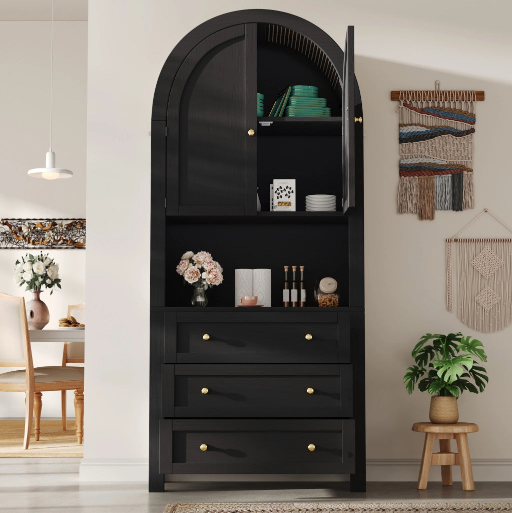 Credenza alta 70x35x180 cm con 3 cassetti; vano aperto e dettagli in metallo in MDF nera