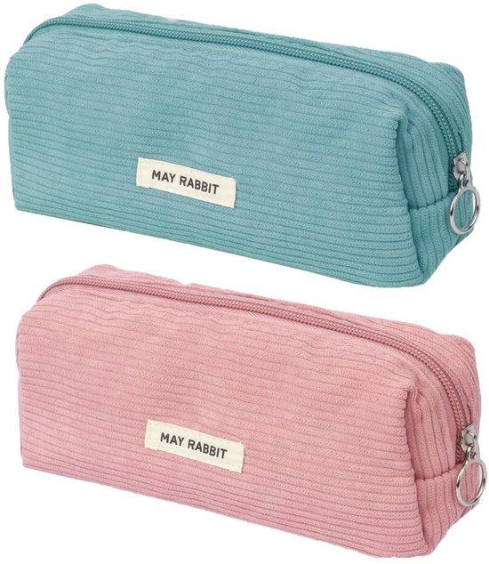 Etui 2 in 1 multifunzionale, 2-pack, stoffa corduroy, etui in tela, etui per scuola e ufficio (blu-verde, rosa)