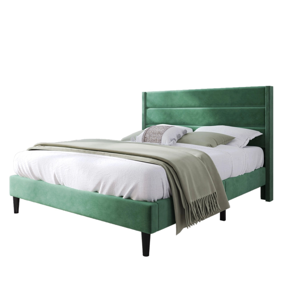 Letto imbottito 140x200 cm con materasso ortopedico a 7 zone; velluto verde scuro
