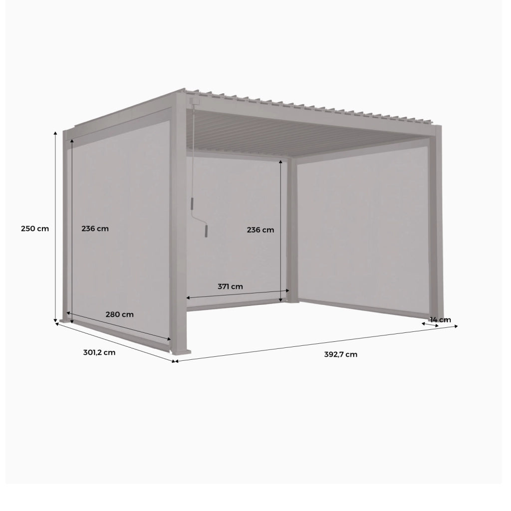 Pergola bioclimatica 3x4m in alluminio + 2 tende da 3m + 1 tenda da 4m