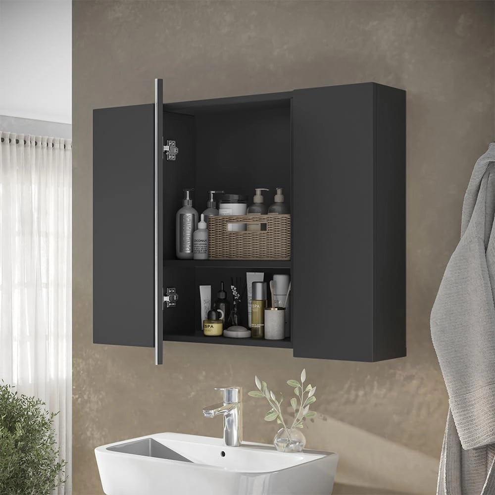 Specchio contenitore bagno Leopold, Antracite, 80 x 59.2 cm con ripiani
