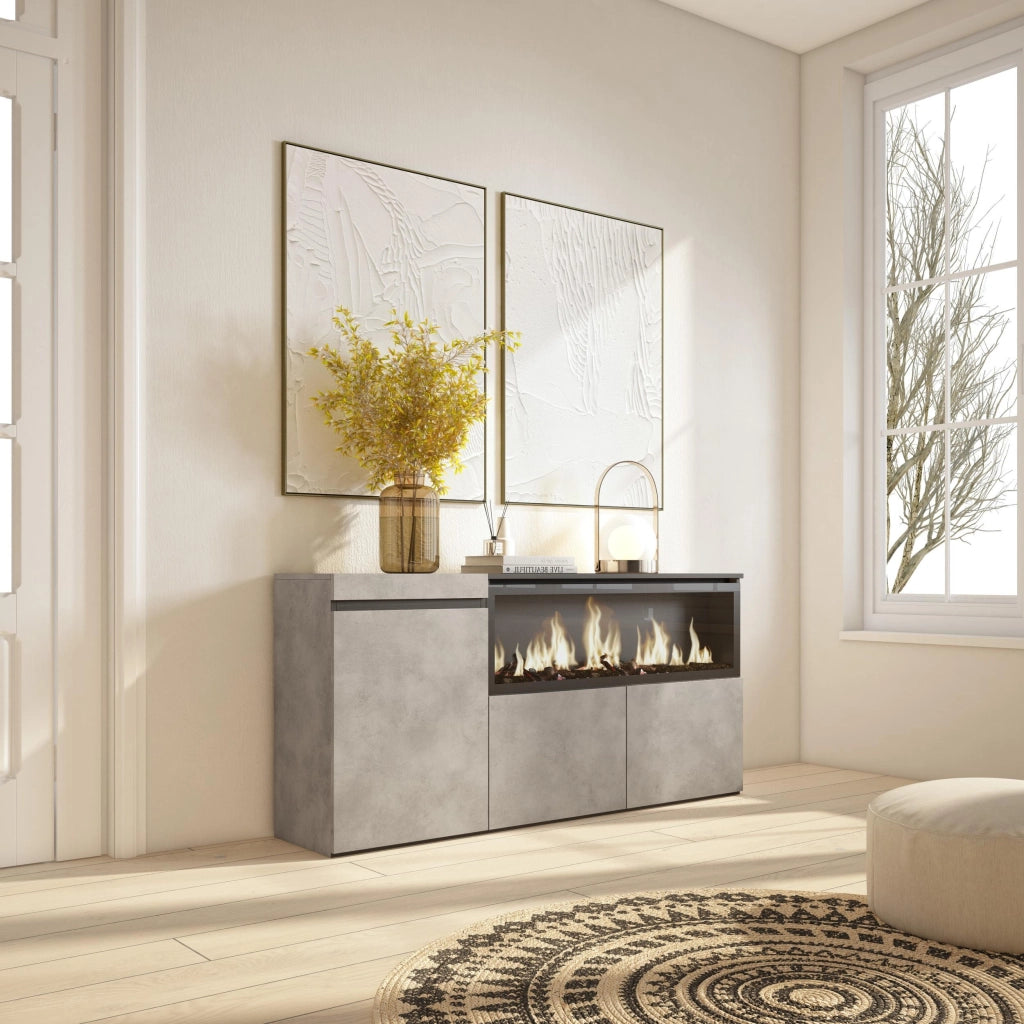Credenza, Mobile, 158x35x75cm, 3 Porte, Camino elettrico XXL, grigio cemento RF3287