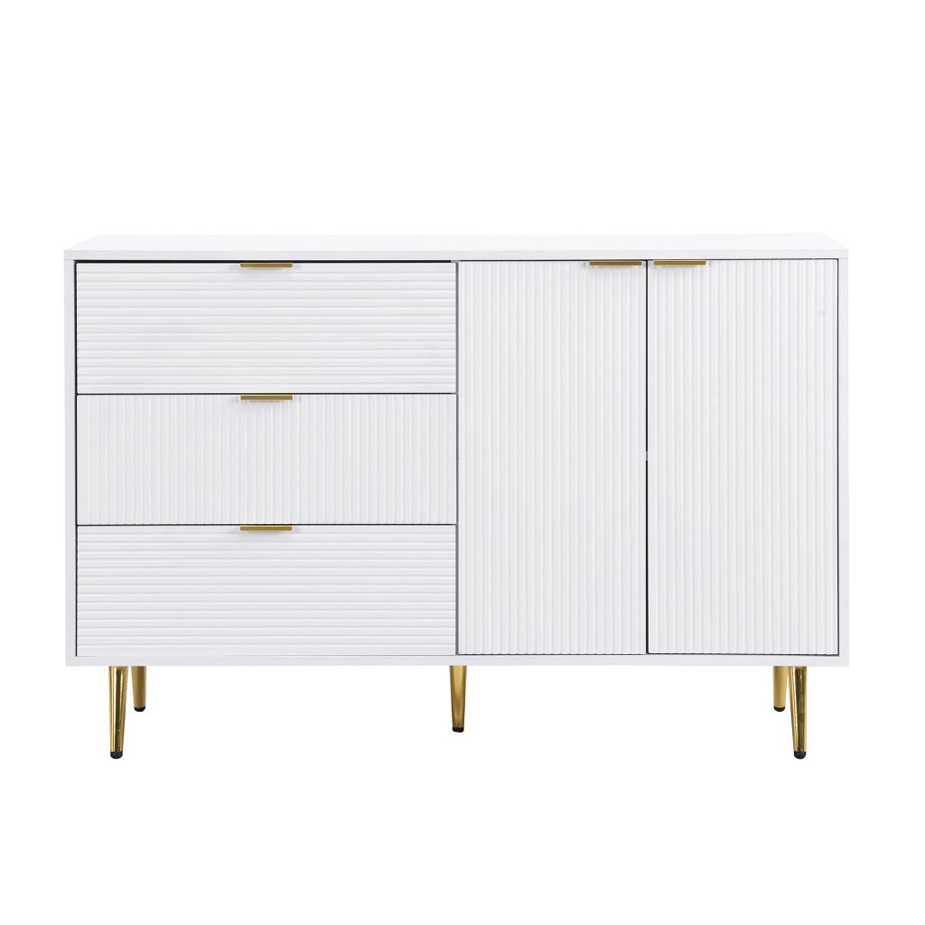 Credenza 3 cassetti 2 ante con ripiani, per soggiorno, in MDF, bianco e oro, 120 × 38 × 80,5 cm