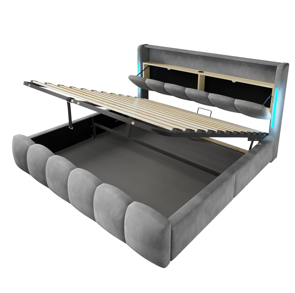 Letto imbottito 180x200 cm con luci LED; contenitore idraulico e porte USB; velluto grigio