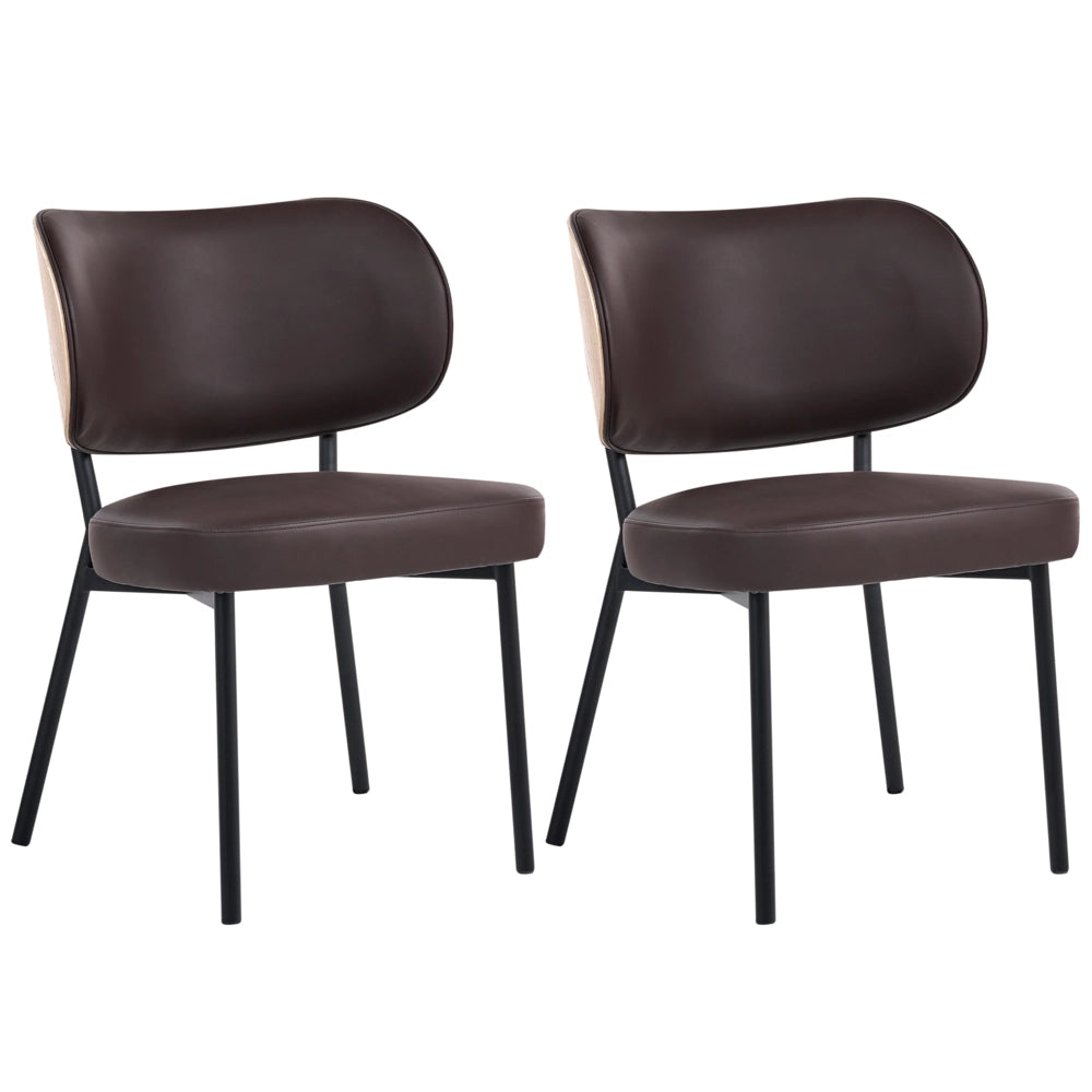 Set di 2 sedie da pranzo in ecopelle marrone scuro con gambe in ferro nero, senza braccioli con coprigambe design moderno minimalista sala da pranzo