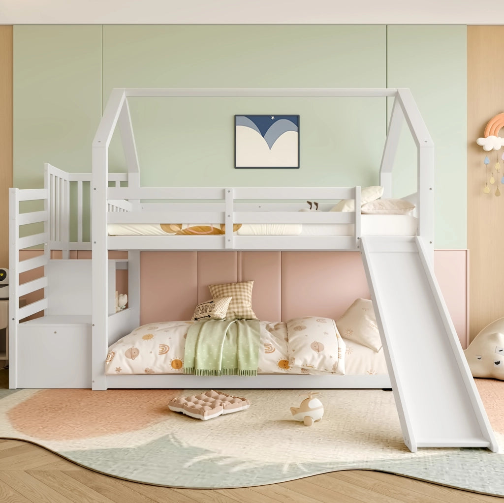 Letto a castello a casetta con scivolo e scala contenitore 90x200 cm; bianco