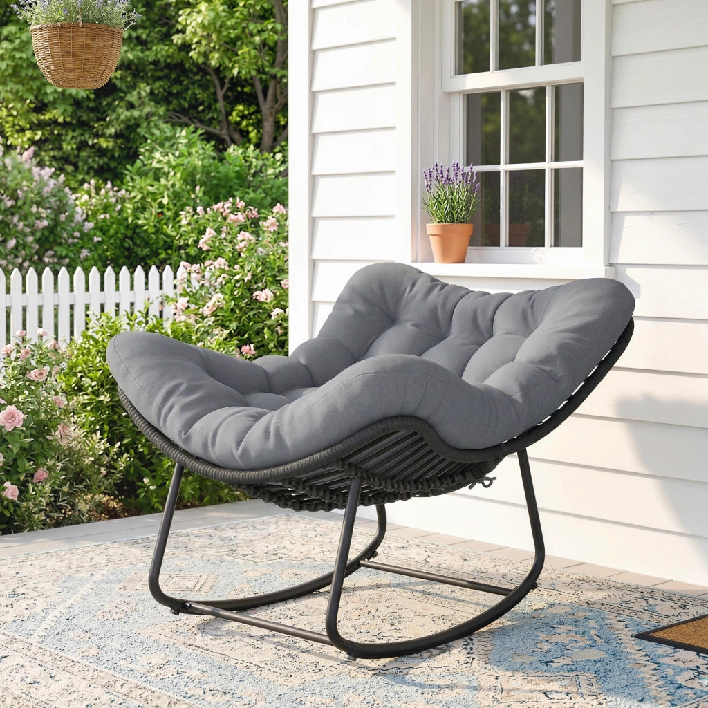 Sedia a Dondolo in Rattan con Cuscino Morbido per Giardino, Balcone, Grigio Scuro