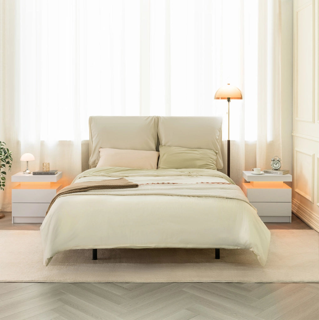 Comodino ULEVR bianco con 2 cassetti, vano aperto e luci LED multicolore regolabili