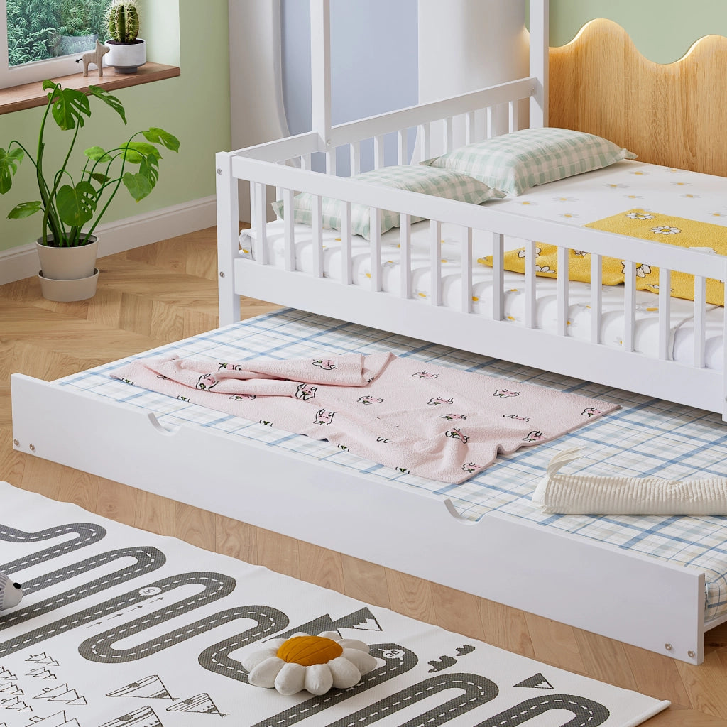 Letto Casetta 120x200 cm - Letto Estraibile; Sponda su 3 Lati e Tetto - in Legno - Bianco